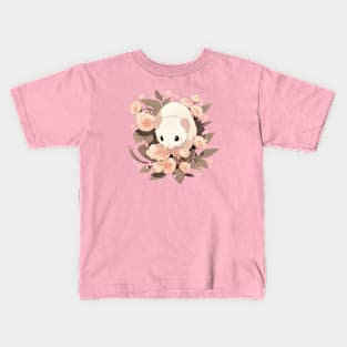 White ferret in ranunculus flowers Kids T-Shirt